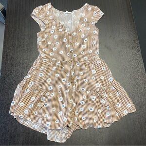 Pacsun Brown Gingham Romper with Flowers